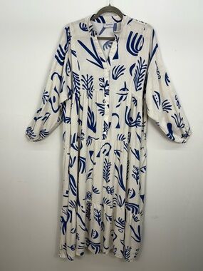 Maxi Midi Dress Off-White Blue Abstract Botanical Print Turkish S-M/fits US L-XL